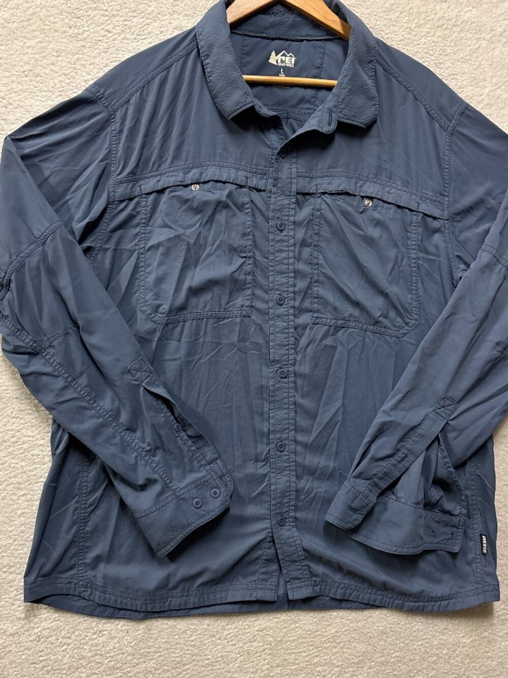 REI Co-op Sahara Shirt Mens Large Blue Long Sleeve Nylon Spandex Hiking Trail,